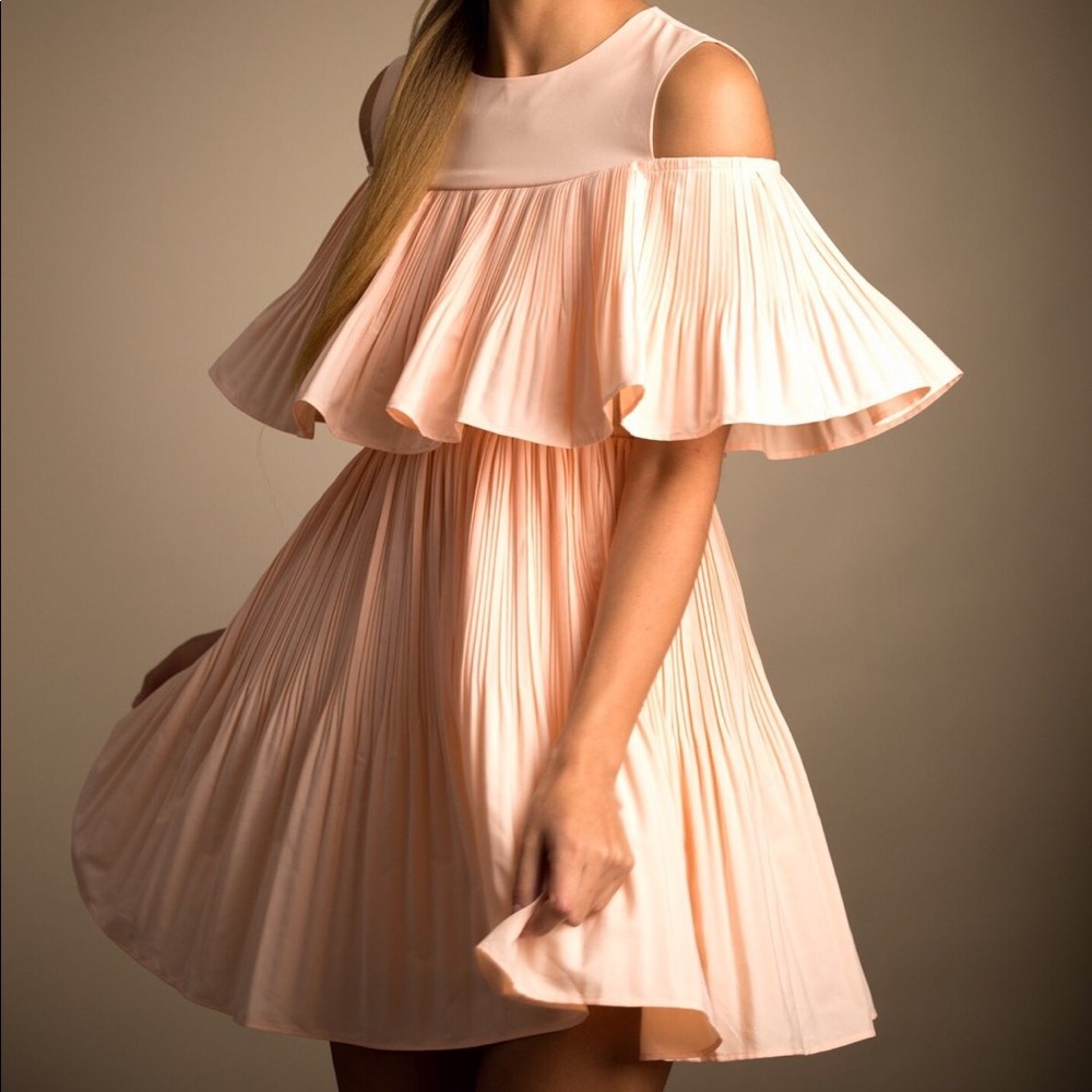 Pink pleated cold shoulder dress